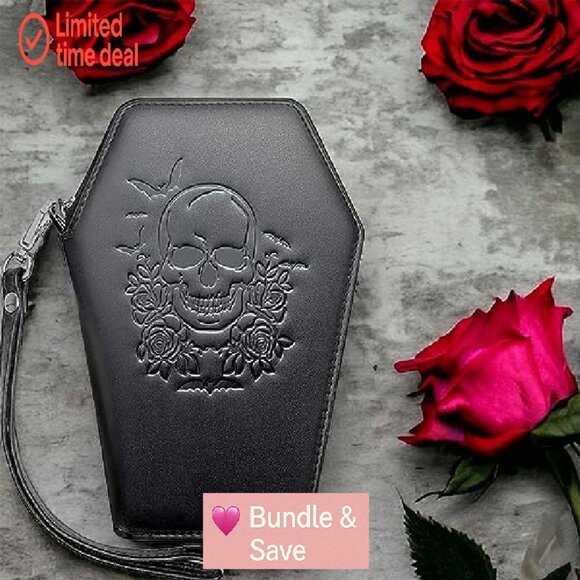 Gothic Coffin Wallet with Wristlet Strap, Vegan Faux Leather, 6 Compartments - Picture 3 of 7